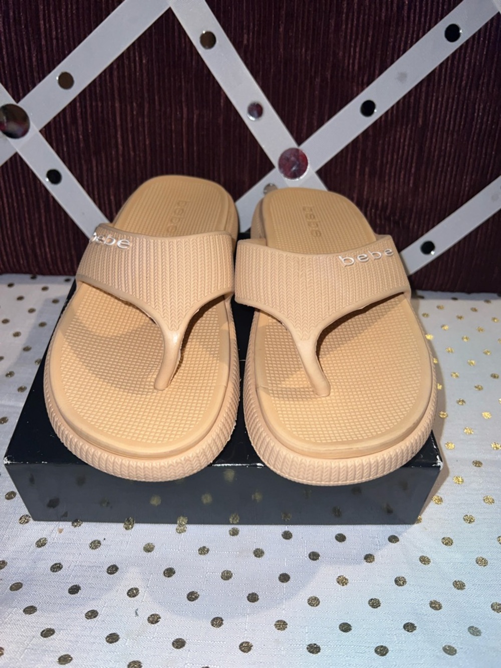 bebe Beige Platform Thong Sandals